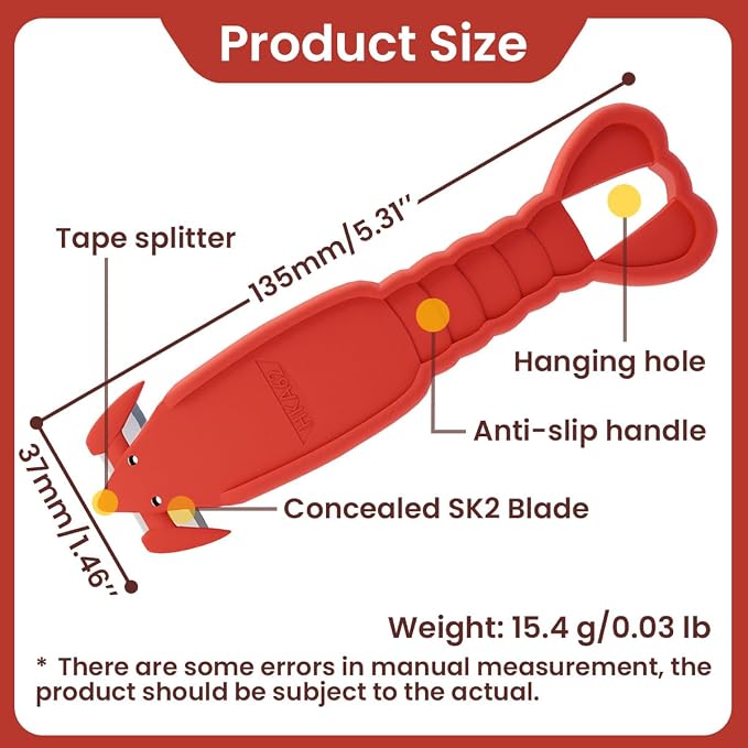 Safety Box Cutter Knife, Recessed SK-2 Blade, 12-Pack Red | Mini package opener tool, finger-safe hidden knife, built-in tape splitter for cardboard & shrink wrap, ambidextrous grip.