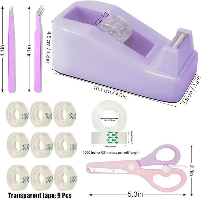 Desktop Tape Dispenser Kits with Weighted Nonskid Base Tape Dispenser- Includes 9 Rolls of Transparent Tape(0.71 Inch x 500 inches Each) & Pink Scissors, 2 Pcs Tweezers (Purple)
