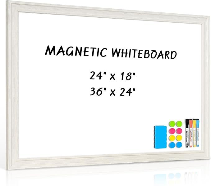 White Board for Wall, 24'' x 18'' Magnetic Dry Erase Board, Vintage White | Wooden Frame, Decorative Whiteboard, Wall Mounted, for Home, Office, Kitchen, Dorm, 4 Markers, 6 Magnets, A Eraser