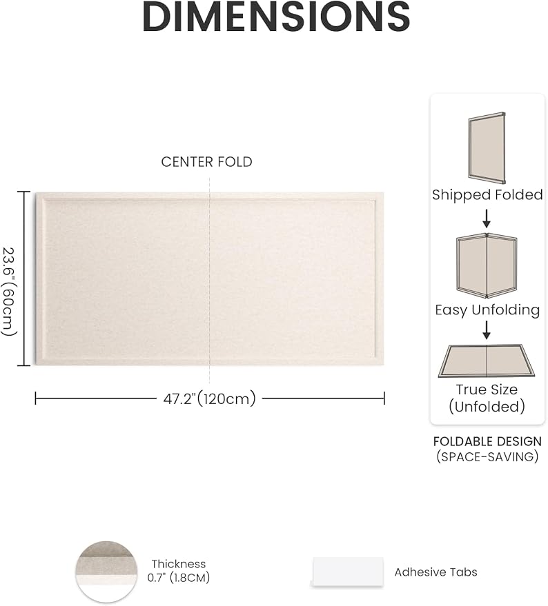 Fluxynara 47.2" x 23.6" Felt Frame Bulletin Board, Oatmeal | Cork Board Alternative with 36 Removable Adhesive Tabs, Foldable Pin Board for Wall, Home, Office, Classroom & Dorm