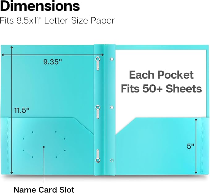 Dunwell Pastel 2-Pocket 3-Prong Folders, Plastic, 6 Pack, Labels | Aesthetic Color-Coded School Folders, Durable Plastic, Back to School Supplies