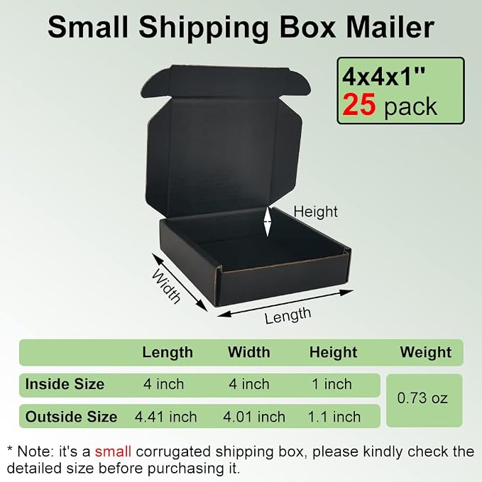 25 Pack 4x4x1'' Small Shipping Boxes, Black Corrugated Cardboard Mailers for Mailing Packaging Business (BK441-25)