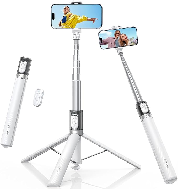 Lamicall 65" Tripod for iPhone 0.77lb Selfie Stick with Remote & Cold Shoe | Auto Open Phone Tripod Ultra-Stable Phone Stand for Recording for Travel Live Stream Vlog fit iPhone 17 Pro Max Android-White