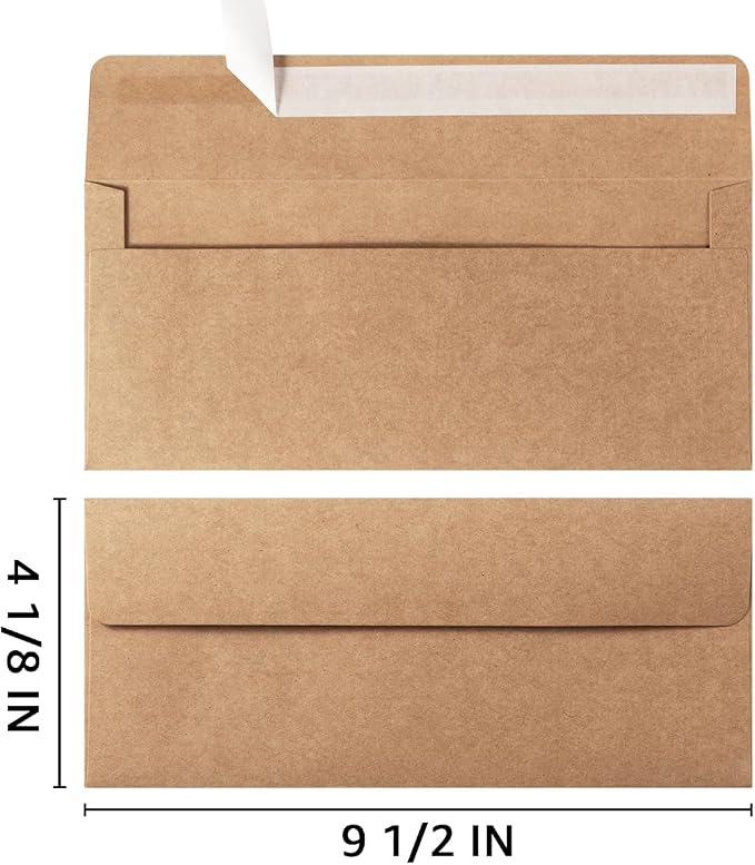 100 Pack Colored #10 Business Envelopes, 4.13 x 9.49 Inches, Brown | Self Seal, Standard Envelopes, For Office Checks, Business Letter Mailing, Greeting Card