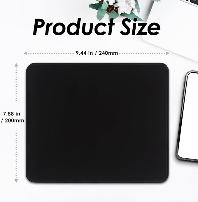 Mouse Pad with Stitched Edges - Classic Black Mousepad for Women, 9.25 x 7.75 inch Washable Square Desk Pad, Non-Slip Rubber Base, Office Home Laptop Accessories - Classic Black
