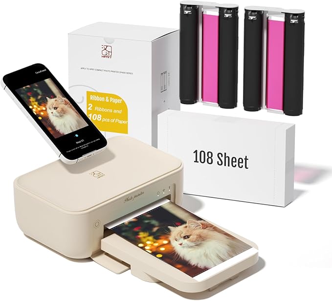 HPRT 4x6 Photo Printer with 108 Sheet Photo Paper& 2 Ribbon, Desktop Instant Picture Printer for iPhone, Smartphone, Thermal Dye Sublimation, WI-Fi Connnecting, Home Use, Beige