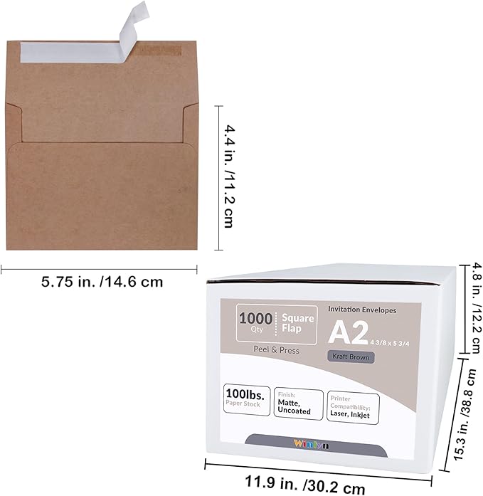 1000 Pcs A2 Invitation Envelopes in Kraft Brown Peel & Press Self Seal 4 3/8 x 5 3/4 Square Flap Envelopes RSVP Return Envelopes 100lb. for Announcement Mailing 4x5 Greeting Cards Photo 1/4 Fold Cards