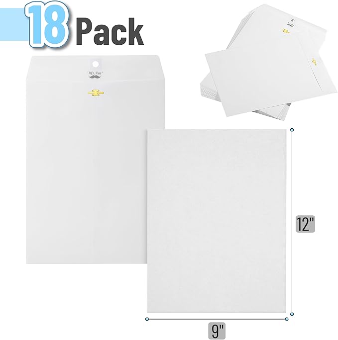 Mr. Pen- Clasp Envelopes, 18 Pack, 9" x 12", White Kraft Letter Size, Document Envelope, Clasp and Gummed Closure, Manilla