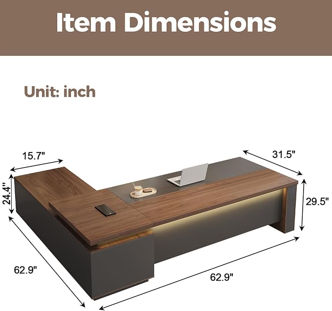63" Reversible L-Shaped Executive Desk with Drawers – Compact Office Computer Desk with Open Shelves, LED Lighting, Built-in Outlet & USB Ports for Home, Office, School (63" W x 63" D x 30" H)