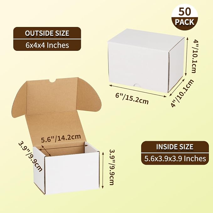 WIFTREY 50 Pack 6x4x4 Small Shipping Boxes, White Corrugated Cardboard Boxes 6 x 4 x 4 for Packaging Small Business, Mailing, Shipping