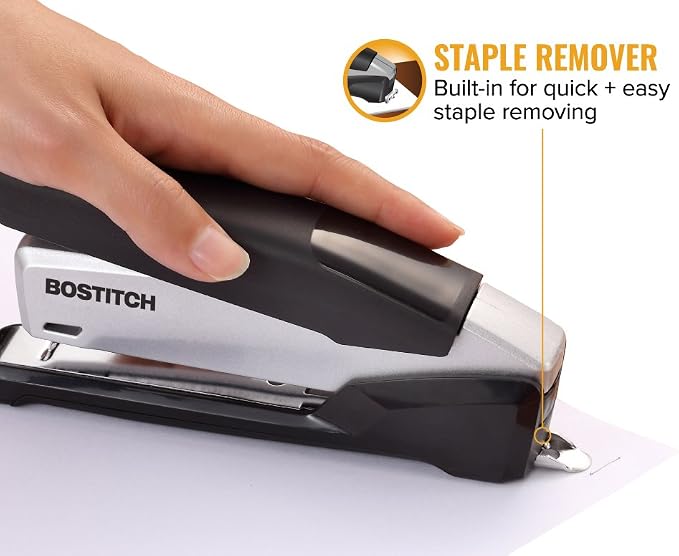 Bostitch Office Executive Metal Desktop Stapler, 3 in 1 Spring Powered Stapler, One Finger, Staple Storage Compartment & Staple Remover, Includes 210 Staples, 28 Sheet Capacity, Black/Gray