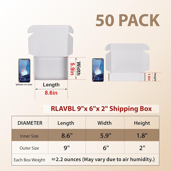 RLAVBL 9x6x2 Shipping Boxes Set of 50, White Corrugated Cardboard Box for Packing, Mailing, Business