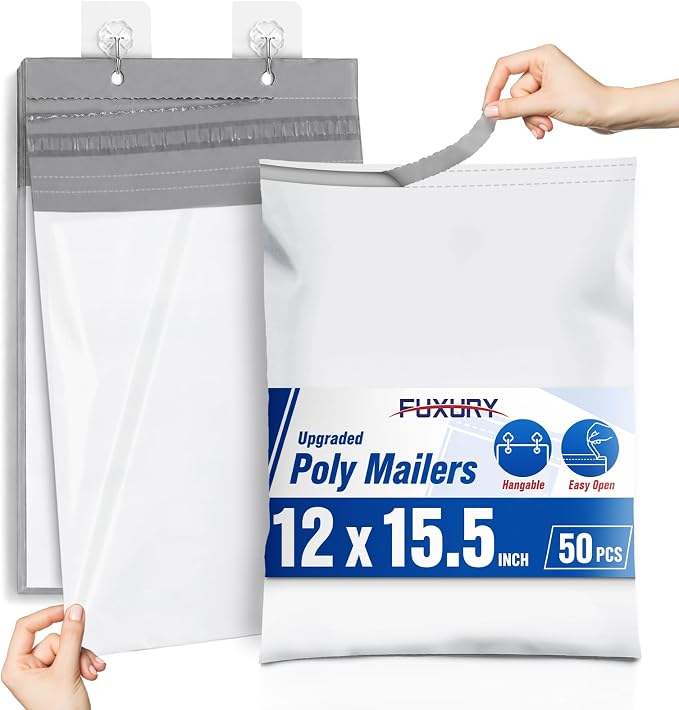 Fuxury Poly Mailers 12x15.5 50PC (Upgraded Version) Shipping Bags for Clothing with Easy-Open Tear Strip & Hangable for Easy Use, Self-Seal Shipping Envelopes Mailing Bags for Small Business in White