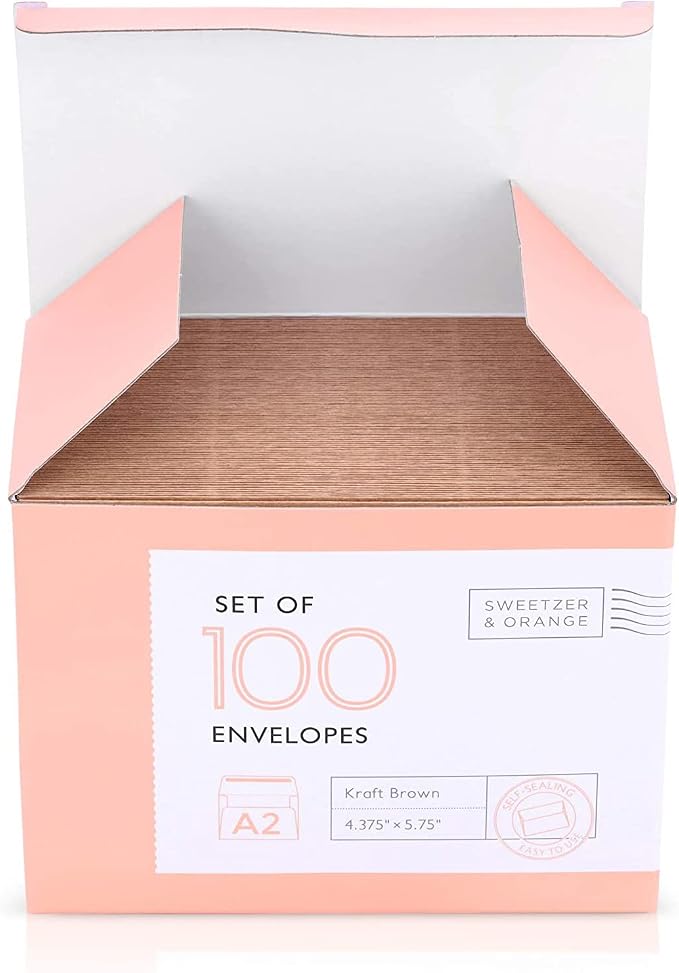 Sweetzer & Orange A2 Envelopes Brown Self Seal Paper Mailers (100 with Box). Luxury 150gsm For Greeting Card and Invitation Holders 4-3/8 x 5-3/4, Photos, Wedding, RSVP Cards Plain Mailing Inserts