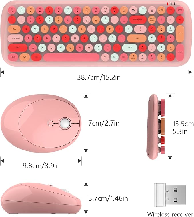 MOFII Wireless Keyboard and Mouse Combo, 2.4GHz Retro Typewriter Keyboard and Cute Mouse for Computer PC Desktops Laptop Windows(Pink Mix)