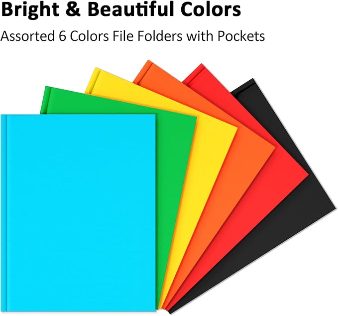 Folders with Pockets and Prongs, 6 Pack Colors Pocket Folder with Prongs | Heavy Duty, Paper, 2 Pocket 3 Prong, File Folders, Business Card Slot, Back to School, Office, Letter Size