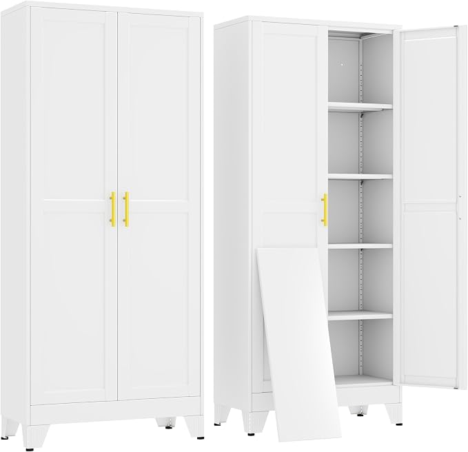 erosoei 71" H Metal Garage Storage Cabinet, Metal Pantry Cabinet with 2 Doors, Locker Steel Cabinet with 4 Adjustable Shelves, Freestanding Cupboard for Garage,Office,Home,Gym,School