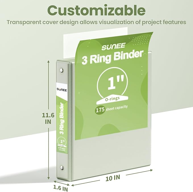 SUNEE 3 Ring Binder 1 Inch 2 Pack, Clear View PVC-Free (Fit 8.5x11 Inches) for School or Office, Sage Green