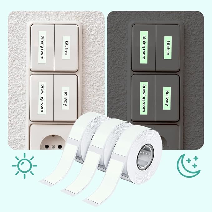 Phomemo D30 Luminous Label Tape, Black on Glow-in-The-Dark Labels, Strong Adhesion Self-Adhesive Standard Label Tape, Indoor Use, 14mm x 40mm (0.55x1.57) 120 Labels/Roll, 3-Roll