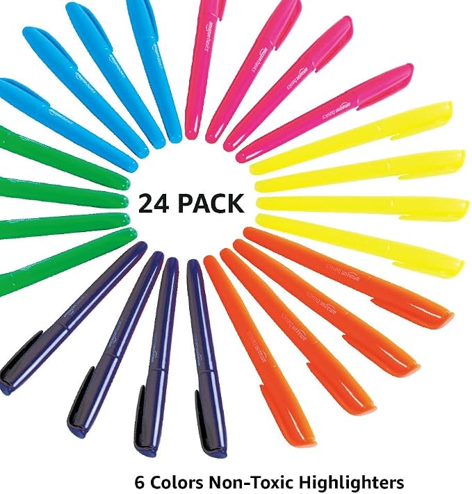Amazon Basics Chisel Tip Highlighters, Fluorescent Ink, Vibrant Assorted Colors, School Supplies, 24-Pack