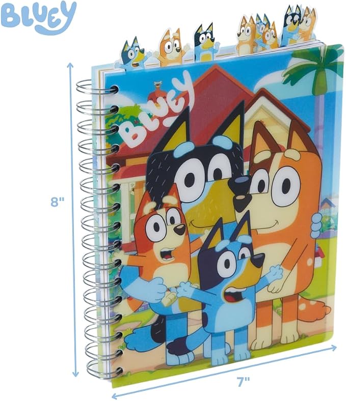 Bluey Tab Journal Notebook, Spiral Bound, 144 Lined Pages, 8 x 7 inches, Blue