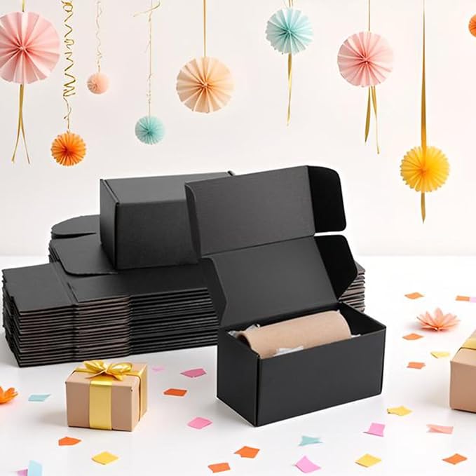 8x4x4 inch Black Shipping Boxes for Small Business- Set of 25 | Sturdy ECT 32 Corrugated Cardboard Mailer Boxes, Easy Assemble for Packaging, Mailing, Gift