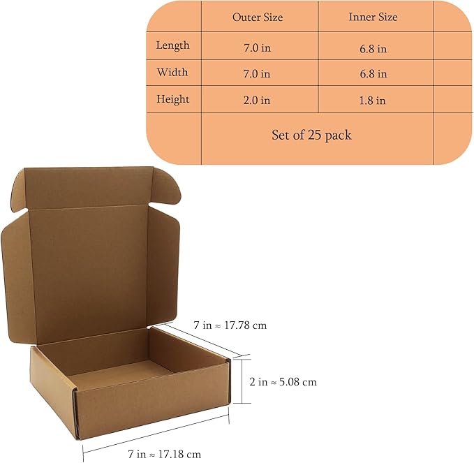 7x7x2 inches Shipping Boxes Set of 25, Brown Corrugated Mailing Cardboard Box Literature Mailer for Packing Small Business Moving and Storage,E-Commerce Packaging (7"×7“×2”)