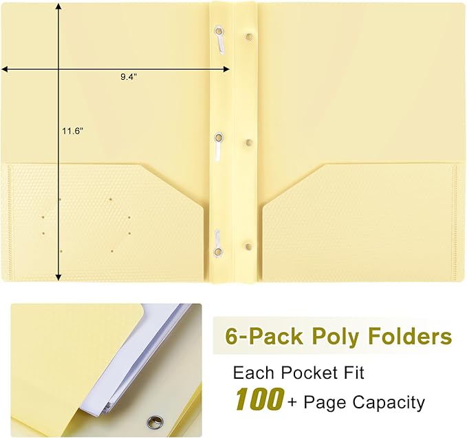 6-Pack Plastic andPockets and Prongs,2-Pocket and3 Fasteners, Pastel Folders Holds 8-1/2" x 11" Paper for School/Office/Home, Yellow
