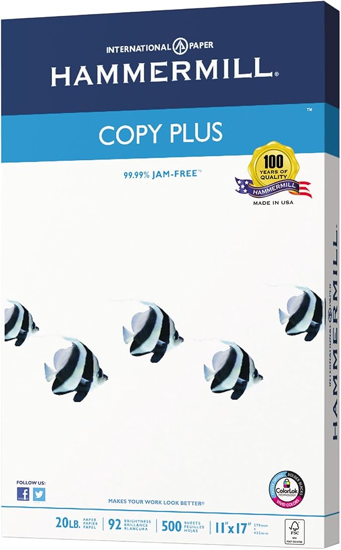 Hammermill 105023 Copy Plus Copy Paper, 92 Brightness, 20lb, 11 x 17, White, 500 Sheets/Ream