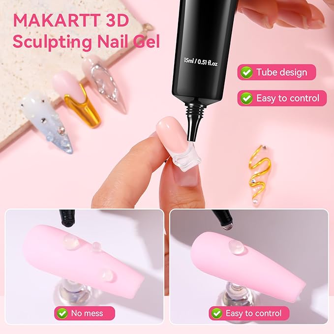 Makartt 3D Gel Nail Art & Chrome Nail Powder Kit: 15g Sculpting Gel for Nail Art DIY No Wipe 3D Molding and Metallic Chrome Powder Set for Decoration Manicure Pedicure Use
