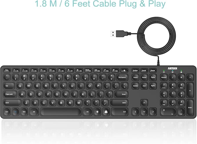 Arteck Backlit USB Wired Full Size Keyboard with Media Hotkey for PC and Laptop