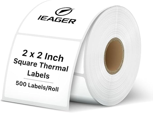 iEager White Square Thermal Label Stickers, 2"x2" Self-Adhesive Square Direct Thermal Labels with Perforation Line, 500 Sheets/Roll