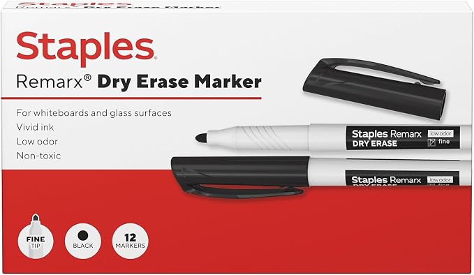 Staples Remarx Dry Erase Markers, Fine Tip, Black, 12-Pack | Precision whiteboard markers for offices, schools, and planning use.