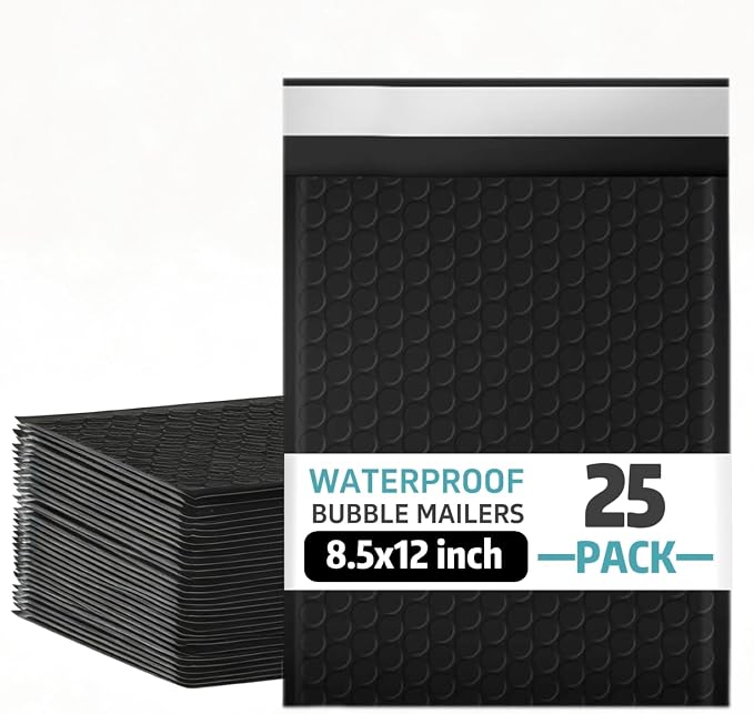 8.5×11 Black Bubble Mailers 25 Pack Waterproof Bubble Envelopes Self Seal Adhesive Shipping Bags for Small Business Shipping Books Clothes