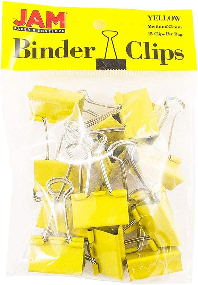 JAM PAPER Colorful Binder Clips - Medium - 1 1/4 Inch (32 mm) - Yellow Binderclips - 15/Pack
