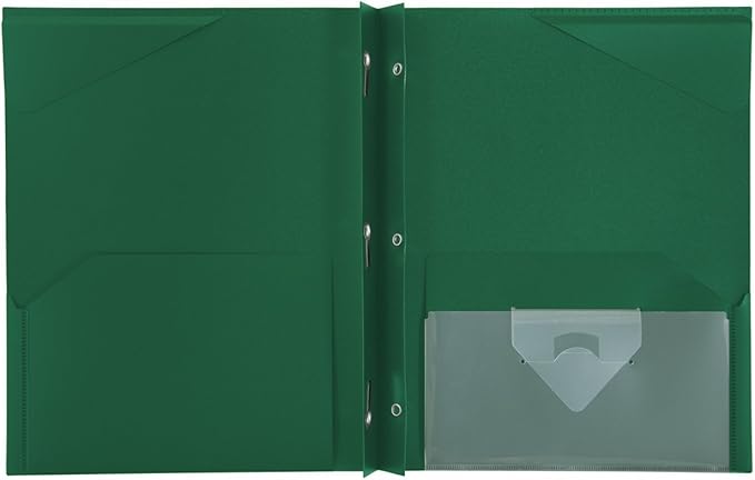 Five Star 2 Pocket Folder, Plastic Folder with Stay-Put Tabs and Prong Fasteners, Fits 3-Ring Binder, Holds 8-1/2" x 11" Paper, Writable Label, Forest Green (72111) (Pack of 2)