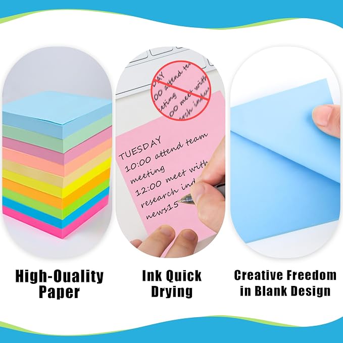 SACATR 100 Sheet/Pad Sticky Notes, 30pad,3x3 inches,Total 3000 Sheet | Add 100 Sheets Per Pad, 10 Bright Color,Strong Adhesive Leaves No Residue,Ideal for Office Bulk Purchase