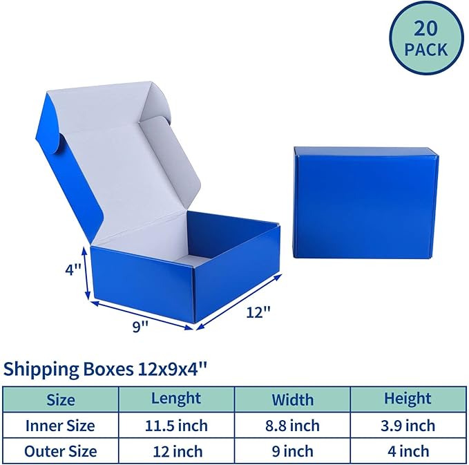 Rempry 12X9X4 Inch Blue Shipping Boxes 20 Pack, Cardboard Corrugated Mailer Gift Wrap Boxes for Packaging Mailing Small Business