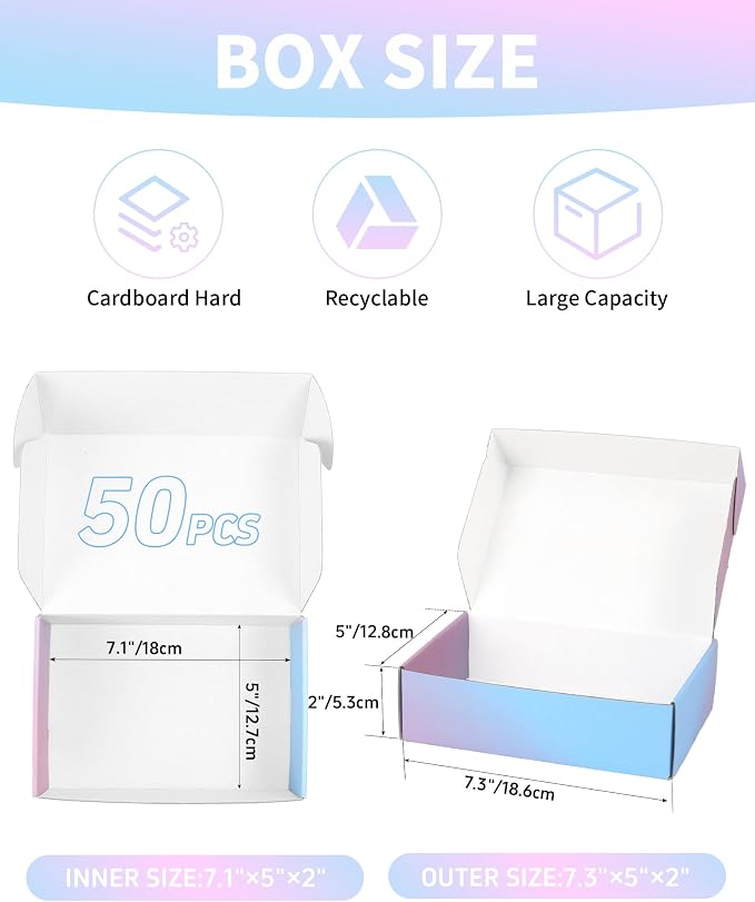 Shipping Boxes 7x5x2 Inch, Set of 50, Purple Corrugated Cardboard Boxes, Mailer Packaging Boxes for Small Business Gift Literature Shipping