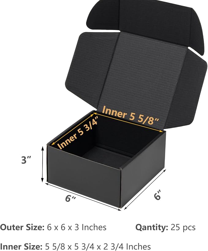 Timirog Black Shipping Boxes 6x6x3 Inches 25 Pack Corrugated Cardboard | Mailing Box for Small Business, Tab Locking Literature Mailer for Packing Jewelry Ornament Gift Craft Packaging Supplier
