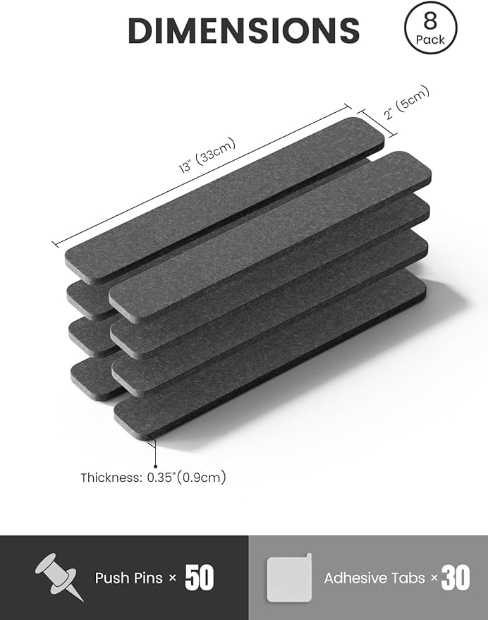 Fluxynara Cork Board Alternative Felt Strip Board 8-Pack 13"x2", Office Pin Board with 50 Push Pins, Adhesive Install for Bedroom Door & Home Office(Charcoal Gray)