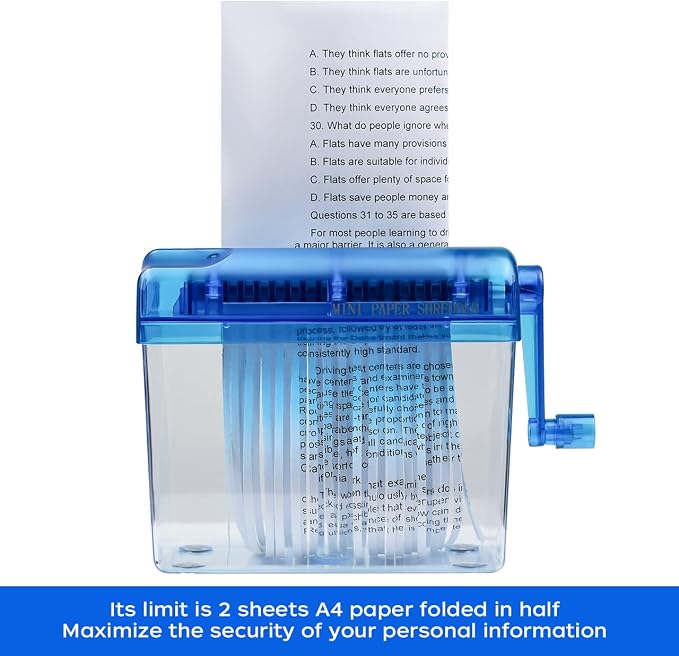 JIKIOU Mini Hand Shredder Portable Paper Shredder for Office Home Blue | Affordable, Non-slip, Information High Security, Desktop Size, 1L Clear Plastic Window, No Power and Easy to Use for Gift