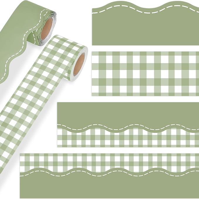 2 Rolls 65.6ft Sage Green Gingham Bulletin Board Borders Decoration Green Checkered and Straight Edge Bulletin Borders Board Trim for Office School Classroom Chalkboard Party Decoration