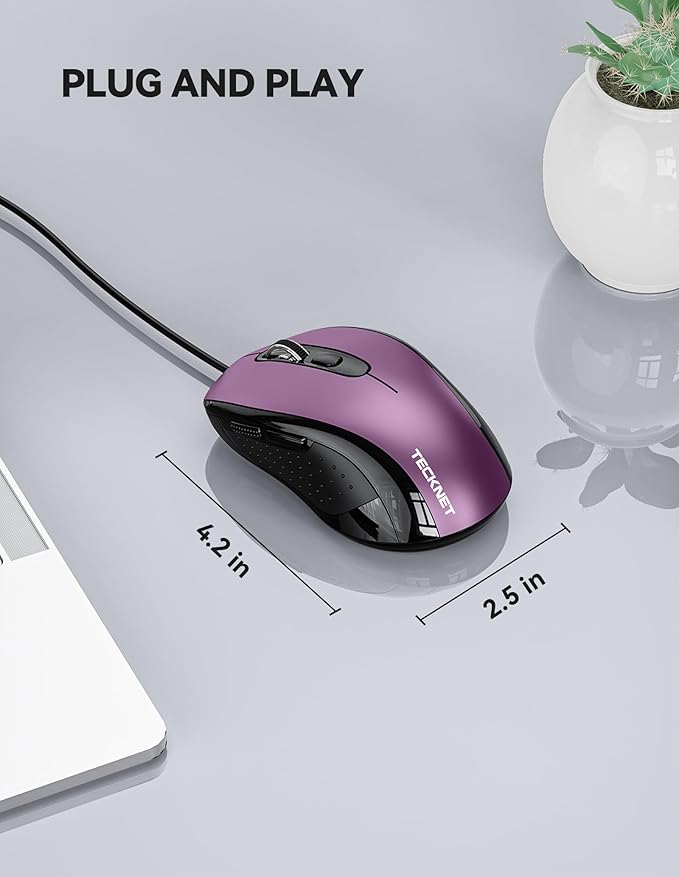 TECKNET USB Wired Mouse, 3600DPI Corded Computer Mouse with 4 Adjustable Levels, 6-Button 5FT Cord Ergonomic Mice, Home and Office Mice for Laptop PC Desktop Notebook - Purple