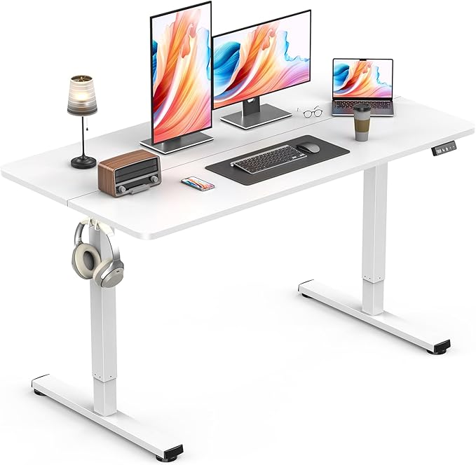 Standing Desk, Height Adjustable Electric Stand up Desk, 48 x 24 Inches Sit Stand Home Office Desk with Splice Board, White Frame/White Top