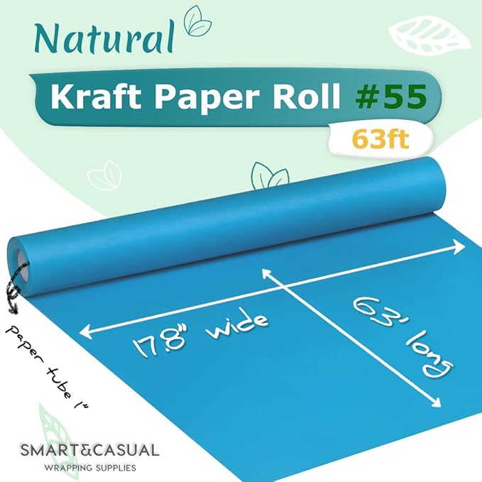 SMART&CASUAL 17.8" x 760" (63') Lake Blue Kraft Craft Paper Roll for Gift Wrapping Bulletin Board Bouquet Flower Kids Art Packing Parcel Table Covering 80GSM 55LB (Lake Blue, 17.8" x 63')