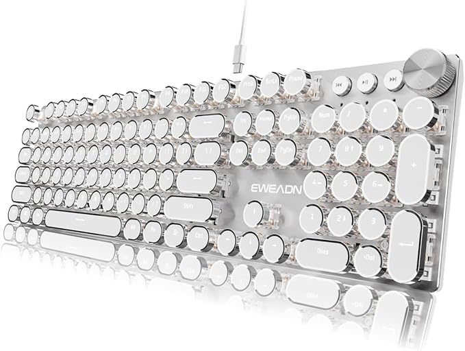EWEADN Typewriter Style Mechanical Keyboard, Wired Typewriter Keyboards,104 Keys Backlit LED Metal Keyboards, Media Control Knob, Wired Computer Keyboard White Switch for Windows/Mac/PC-White