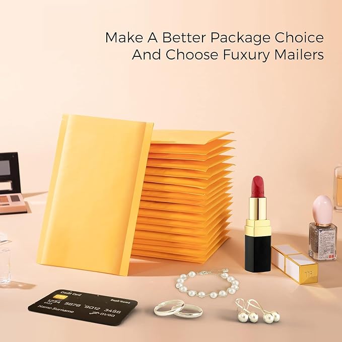 Fuxury Kraft Bubble Mailer 4x8" 19200Pack Strong Adhesion Padded Envelopes Thick Bubble Envelopes Usable Size 4x7" Waterproof Cushioned Padded Mailers Packaging for Small Business #000 Yellow
