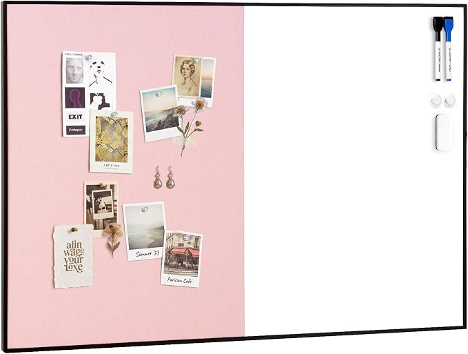 Cork Board White Board Combo for Wall | 30"X20" Linen Bulletin Board Whiteboard, Magnetic Dry Erase Corkboard for Home, Office, School, Pink