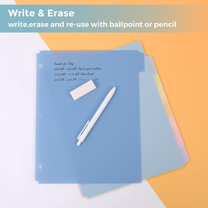 SKYDUE 8 Tab Write & Erase Durable Plastic Dividers for 3 Ring Binders | Letter Size Binder Dividers with Sticker Labels,Aesthetic Pastels Tab Divider Perfect for School, College & Office Life,1 Set